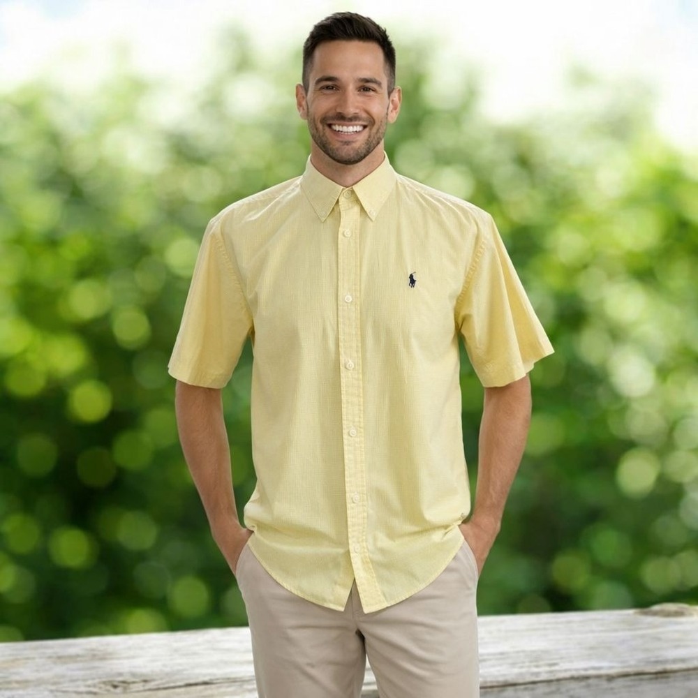 Ralph Lauren Yellow Gingham Short Sleeve Shirt Classic Preppy Summer Cotton L